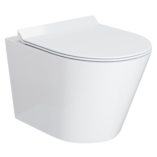 HD Madrid Glossy White perem nélküli mély öblítésű íves fali WC slim "F" tetővel és fényes króm zsanérral