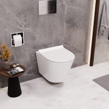 HD Madrid Glossy White perem nélküli mély öblítésű íves fali WC slim "F" tetővel és fényes króm zsanérral