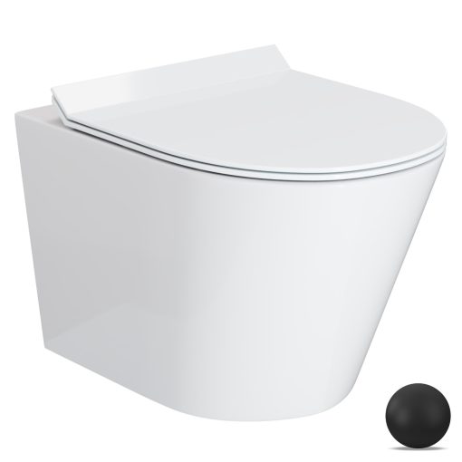 HD Madrid Glossy White perem nélküli mély öblítésű íves fali WC slim "F" tetővel és matt fekete zsanérral