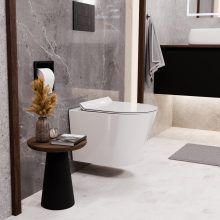 HD Madrid Glossy White perem nélküli mély öblítésű íves fali WC slim "F" tetővel és matt fekete zsanérral