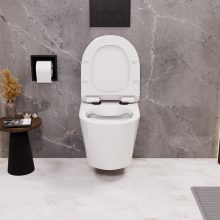 HD Madrid Glossy White perem nélküli mély öblítésű íves fali WC slim "F" tetővel és matt fekete zsanérral