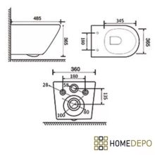 HD Madrid Glossy White perem nélküli mély öblítésű íves fali WC slim "F" tetővel és matt fekete zsanérral