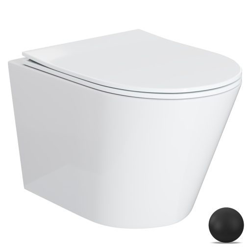 HD Madrid Glossy White perem nélküli mély öblítésű íves fali WC slim "P" tetővel és matt fekete zsanérral