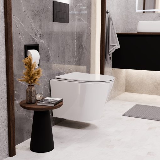 HD Madrid Glossy White perem nélküli mély öblítésű íves fali WC slim "P" tetővel és matt fekete zsanérral