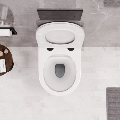 HD Madrid Glossy White perem nélküli mély öblítésű íves fali WC slim "P" tetővel és matt fekete zsanérral