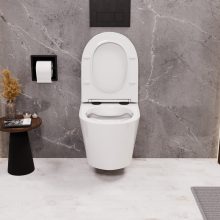 HD Madrid Glossy White perem nélküli mély öblítésű íves fali WC slim "P" tetővel és matt fekete zsanérral