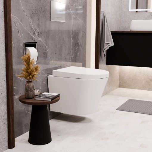 HD Madrid Matt White perem nélküli mély öblítésű íves fali WC compact "A" tetővel és matt fehér zsanérral