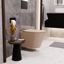 HD Madrid Matt Cappucino perem nélküli mély öblítésű íves fali WC slim "P" tetővel és matt fekete zsanérral