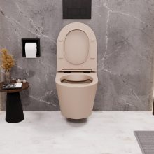 HD Madrid Matt Cappucino perem nélküli mély öblítésű íves fali WC slim "P" tetővel és matt fekete zsanérral
