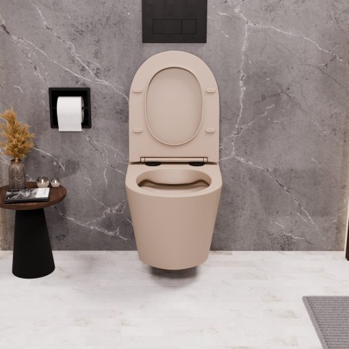 HD Madrid Matt Cappucino perem nélküli mély öblítésű íves fali WC slim "P" tetővel és matt fekete zsanérral