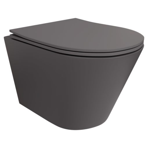 HD Madrid Matt Antracit perem nélküli mély öblítésű íves fali WC slim "P" tetővel és fényes króm zsanérral