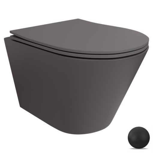 HD Madrid Matt Antracit perem nélküli mély öblítésű íves fali WC slim "P" tetővel és matt fekete zsanérral