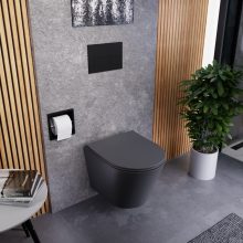 HD Madrid Matt Antracit perem nélküli mély öblítésű íves fali WC slim "P" tetővel és matt fekete zsanérral