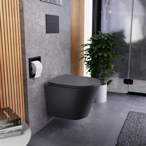 HD Madrid Matt Antracit perem nélküli mély öblítésű íves fali WC slim "P" tetővel és matt fekete zsanérral