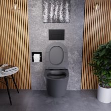 HD Madrid Matt Antracit perem nélküli mély öblítésű íves fali WC slim "P" tetővel és matt fekete zsanérral