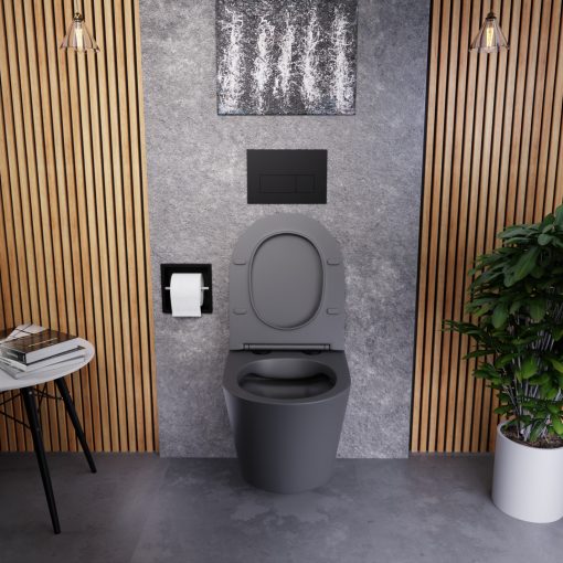 HD Madrid Matt Antracit perem nélküli mély öblítésű íves fali WC slim "P" tetővel és matt fekete zsanérral