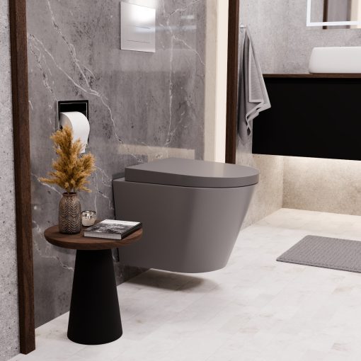 HD Madrid Matt Grey perem nélküli mély öblítésű íves fali WC compact "A" tetővel és fényes króm zsanérral