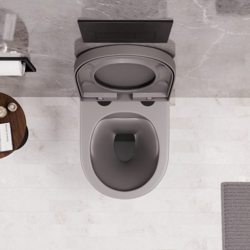 HD Madrid Matt Grey perem nélküli mély öblítésű íves fali WC compact "A" tetővel és matt fekete zsanérral