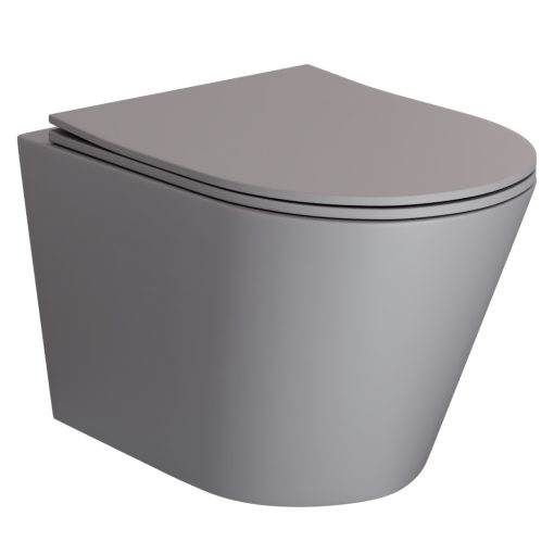 HD Madrid Matt Grey perem nélküli mély öblítésű íves fali WC slim "P" tetővel és fényes króm zsanérral