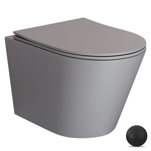 HD Madrid Matt Grey perem nélküli mély öblítésű íves fali WC slim "P" tetővel és matt fekete zsanérral