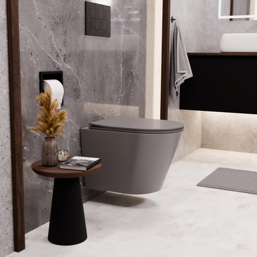 HD Madrid Matt Grey perem nélküli mély öblítésű íves fali WC slim "P" tetővel és matt fekete zsanérral