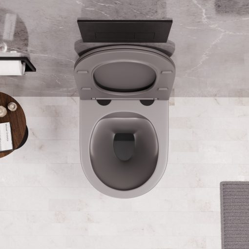 HD Madrid Matt Grey perem nélküli mély öblítésű íves fali WC slim "P" tetővel és matt fekete zsanérral