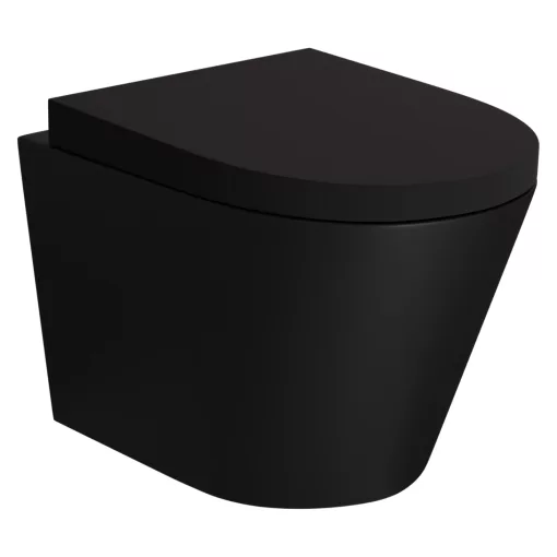 HD Madrid Matt Black perem nélküli mély öblítésű íves fali WC compact "A" tetővel és fekete zsanérral