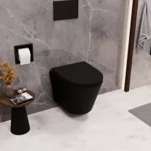 HD Madrid Matt Black perem nélküli mély öblítésű íves fali WC compact "A" tetővel és fekete zsanérral