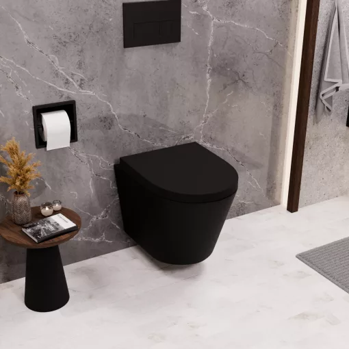 HD Madrid Matt Black perem nélküli mély öblítésű íves fali WC compact "A" tetővel és fekete zsanérral