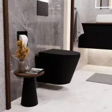 HD Madrid Matt Black perem nélküli mély öblítésű íves fali WC compact "A" tetővel és fekete zsanérral