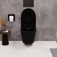 HD Madrid Matt Black perem nélküli mély öblítésű íves fali WC compact "A" tetővel és fekete zsanérral