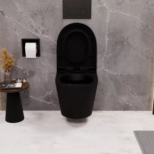 HD Madrid Matt Black perem nélküli mély öblítésű íves fali WC compact "A" tetővel és fekete zsanérral