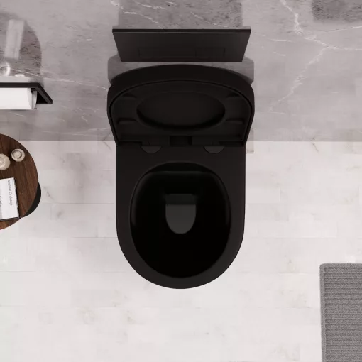 HD Madrid Matt Black perem nélküli mély öblítésű íves fali WC compact "A" tetővel és fekete zsanérral
