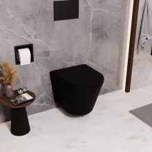 HD Madrid Matt Black perem nélküli mély öblítésű íves fali WC slim "A" tetővel és fekete zsanérral