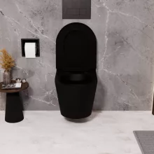 HD Madrid Matt Black perem nélküli mély öblítésű íves fali WC slim "A" tetővel és fekete zsanérral