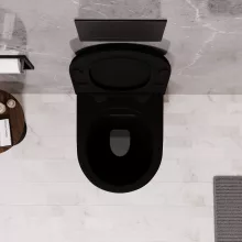 HD Madrid Matt Black perem nélküli mély öblítésű íves fali WC slim "A" tetővel és fekete zsanérral