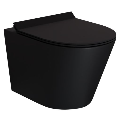 HD Madrid Matt Black perem nélküli mély öblítésű íves fali WC slim "F" tetővel és fekete zsanérral
