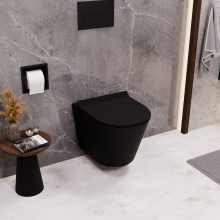 HD Madrid Matt Black perem nélküli mély öblítésű íves fali WC slim "F" tetővel és fekete zsanérral