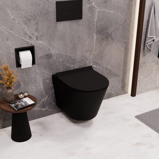 HD Madrid Matt Black perem nélküli mély öblítésű íves fali WC slim "F" tetővel és fekete zsanérral