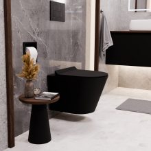 HD Madrid Matt Black perem nélküli mély öblítésű íves fali WC slim "F" tetővel és fekete zsanérral