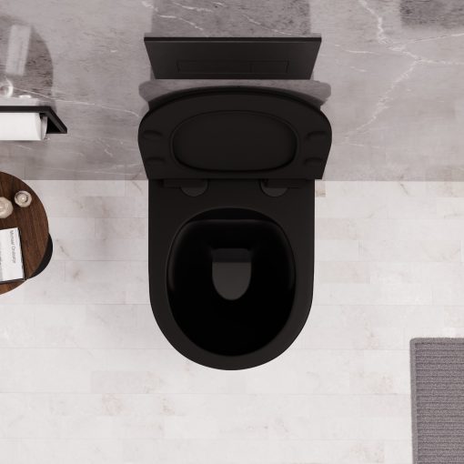 HD Madrid Matt Black perem nélküli mély öblítésű íves fali WC slim "F" tetővel és fekete zsanérral