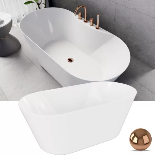 HD Mood White 150/160/170 cm hosszú ovális térben álló akril kád rózsa arany click-clack leeresztővel