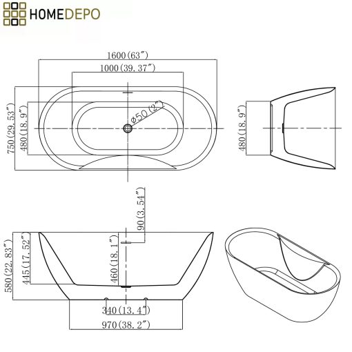 HD Mood White 160x70 ovális térben álló akril kád matt fekete click-clack leeresztővel
