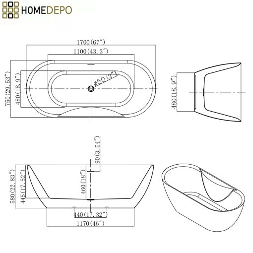 HD Mood White 170x70 ovális térben álló akril kád matt fekete click-clack leeresztővel