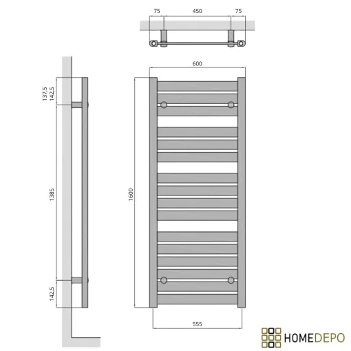 HD Apollo Gold 1600x600 mm design törölközőszárító radiátor, arany