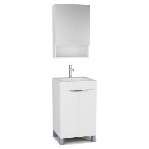 HD Paris Matt White 50 komplett fürdőszoba bútor álló mosdószekrénnyel, fényes króm elemekkel, fényes fehér slim mosdóval és tükrös szekrénnyel
