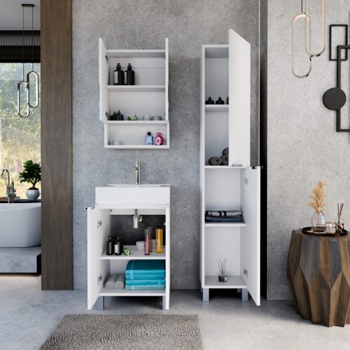 HD Paris Matt White 50 komplett fürdőszoba bútor álló mosdószekrénnyel, fényes króm elemekkel, fényes fehér slim mosdóval és tükrös szekrénnyel