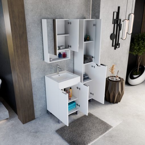 HD Paris Matt White 50 komplett fürdőszoba bútor álló mosdószekrénnyel, fényes króm elemekkel, fényes fehér slim mosdóval és tükrös szekrénnyel