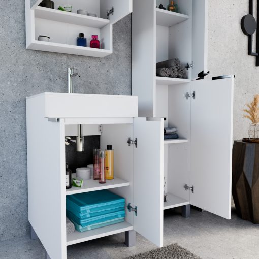 HD Paris Matt White 50 komplett fürdőszoba bútor álló mosdószekrénnyel, fényes króm elemekkel, fényes fehér slim mosdóval és tükrös szekrénnyel