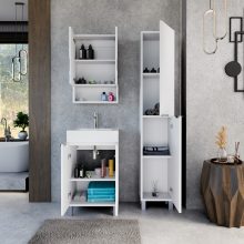 HD Paris Matt White 50 komplett fürdőszoba bútor szett álló mosdószekrénnyel, fényes króm elemekkel, fényes fehér slim mosdóval, tükrös szekrénnyel és magasszekrénnyel